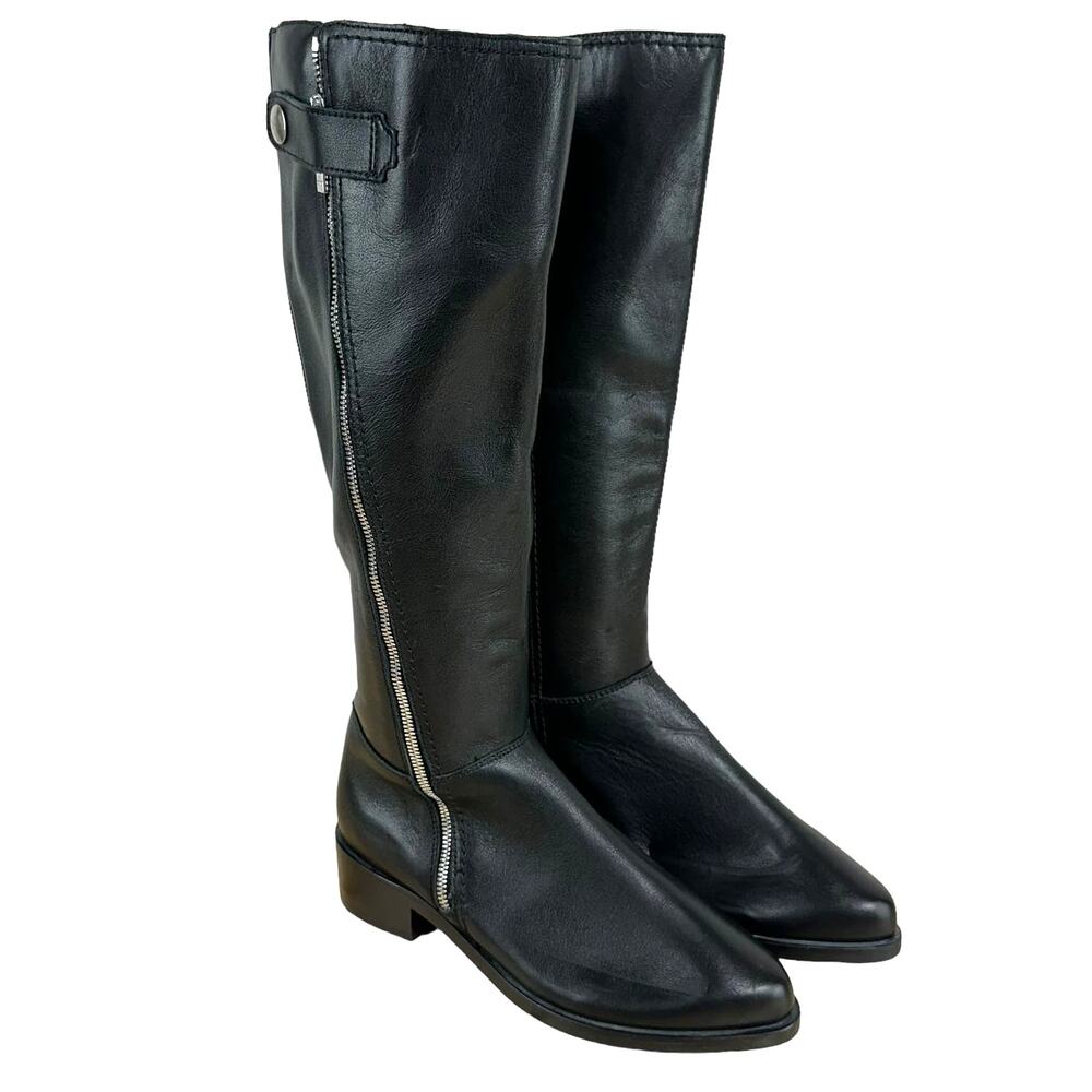 Aquatalia NWOB Geovanna Leather Knee High Boots Black Size 6 Side Zip Almond Toe